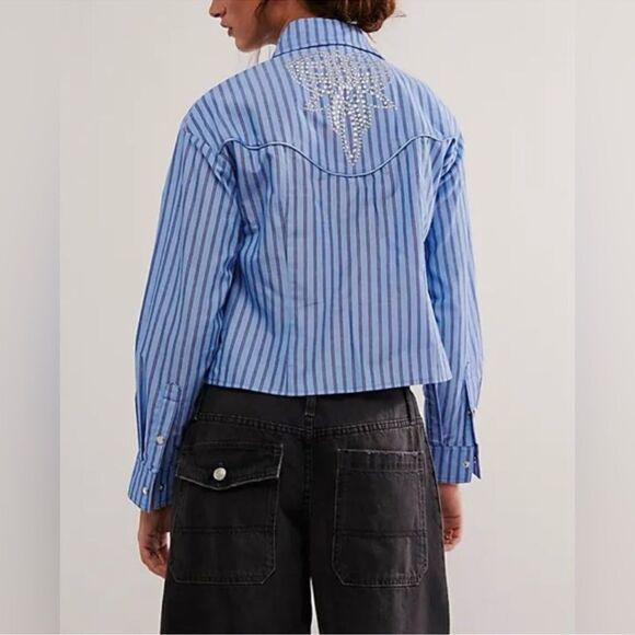 Free People x Understated Leather Embellished Western Striped Button Down NWOT - Picture 3 of 7